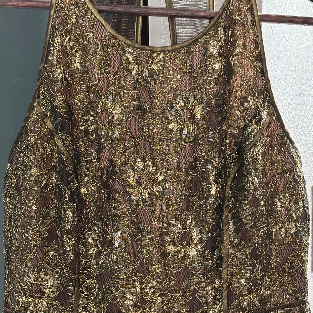 BCBGMaxAzria "Tenya" Sheer Back Mini Dress - Gold & Black Size 6 - Picture 7 of 13